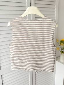 SHEIN Áo tank top không tay cổ chữ V cài cúc phía trước, họa tiết kẻ sọc dành cho bé gái tuổi teen, kiểu áo kẻ sọc, thích hợp mặc mùa xuân hè thu, đi làm, thanh lịch, thường ngày, mặc hàng ngày. - Màu Khaki - Xem 2