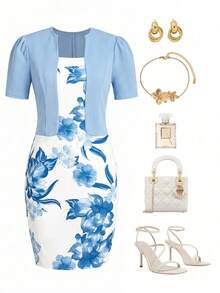 Ellevyn Women's Floral Print Dress And Solid Color Pleated Cardigan Casual Daily Outfit Set - Baby Blue - View 3