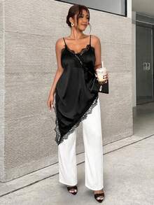 Firerie Plus Size Elegant Lace Trim Asymmetric Hem Camisole For Summer - Black - View 2