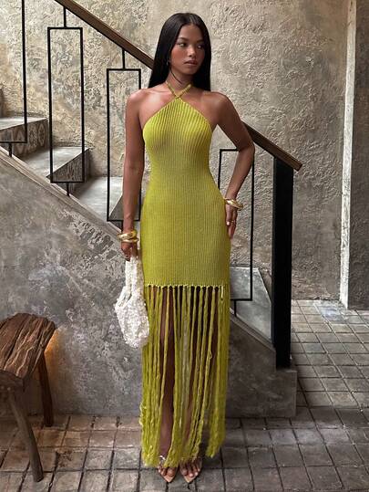 SHEIN BAE Sexy Lace-Up Halter Elastic Knit Tassel Bodycon Backless Dress, European And American Ins Style