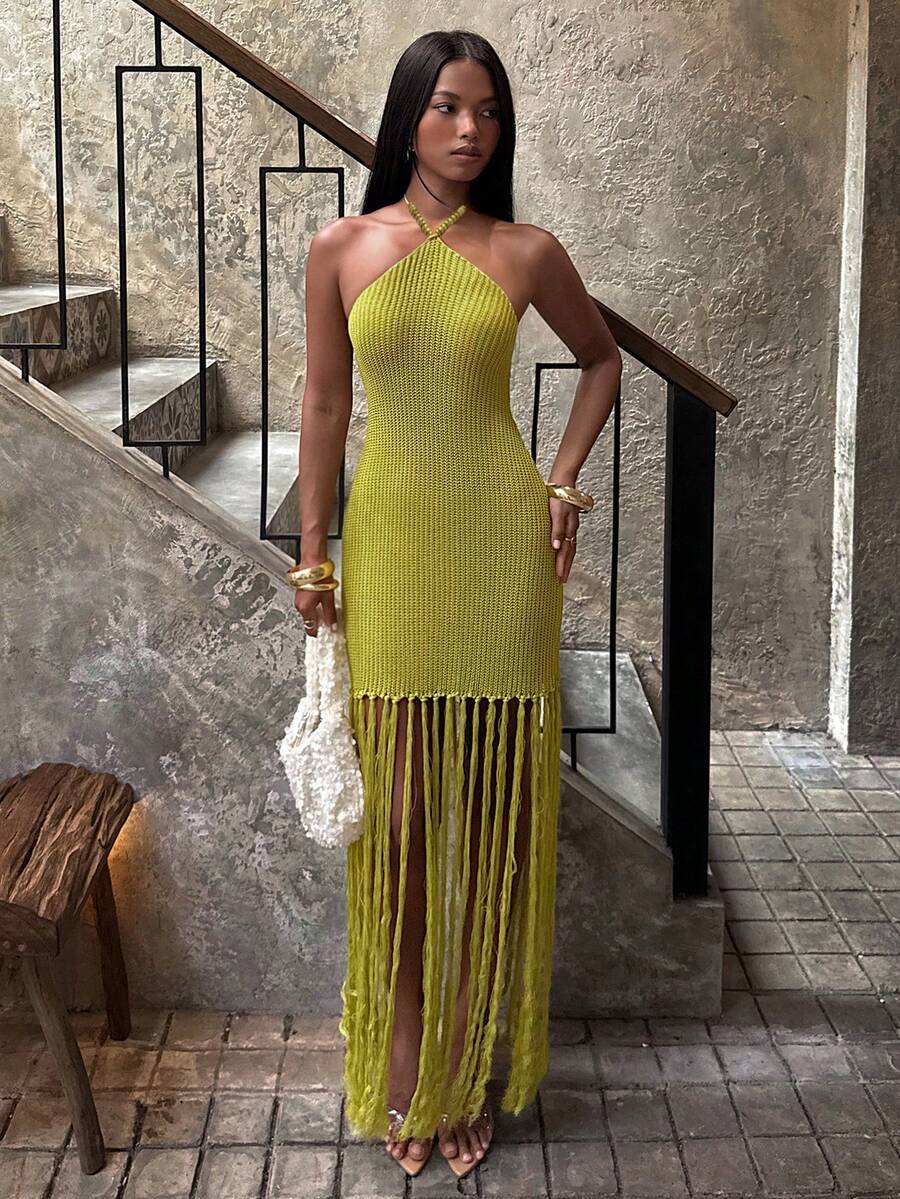 SHEIN BAE 性感系带露背弹力针织流苏紧身连衣裙，欧美ins风 - 綠色 - 查看 1