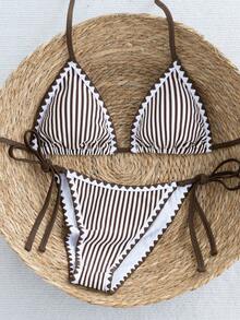 Swim Mod Bộ bikini nữ kẻ sọc xanh dễ thương, buộc dây phía trước, đồ bơi đi biển tươi mát cho kỳ nghỉ hè. - Cà phê nâu - Xem 5