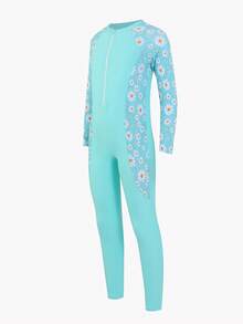Young Girls One-Piece Swimsuit,Floral Patchwork Long Sleeve & Pants,Conservative Rash Guard Kids Swimsuits With Zipper For Summer,Beach,Holiday - Blue - View 5