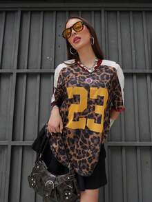 Duda Rubert 女款夏季音樂節復古街頭風運動風數字印花寬版棒球球衣T恤，豹紋上衣，豹紋上衣休閒款 - 棕色 - 查看 6