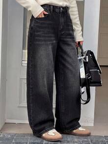 SHEIN ChillGRL Girl & Girls' Versatile Casual All-Match Loose Straight Leg Washed Denim Jeans, Comfortable & Fashionable For All Year Round Baggy Jeans Y2k Black Baggy Jeans - Black - View 3