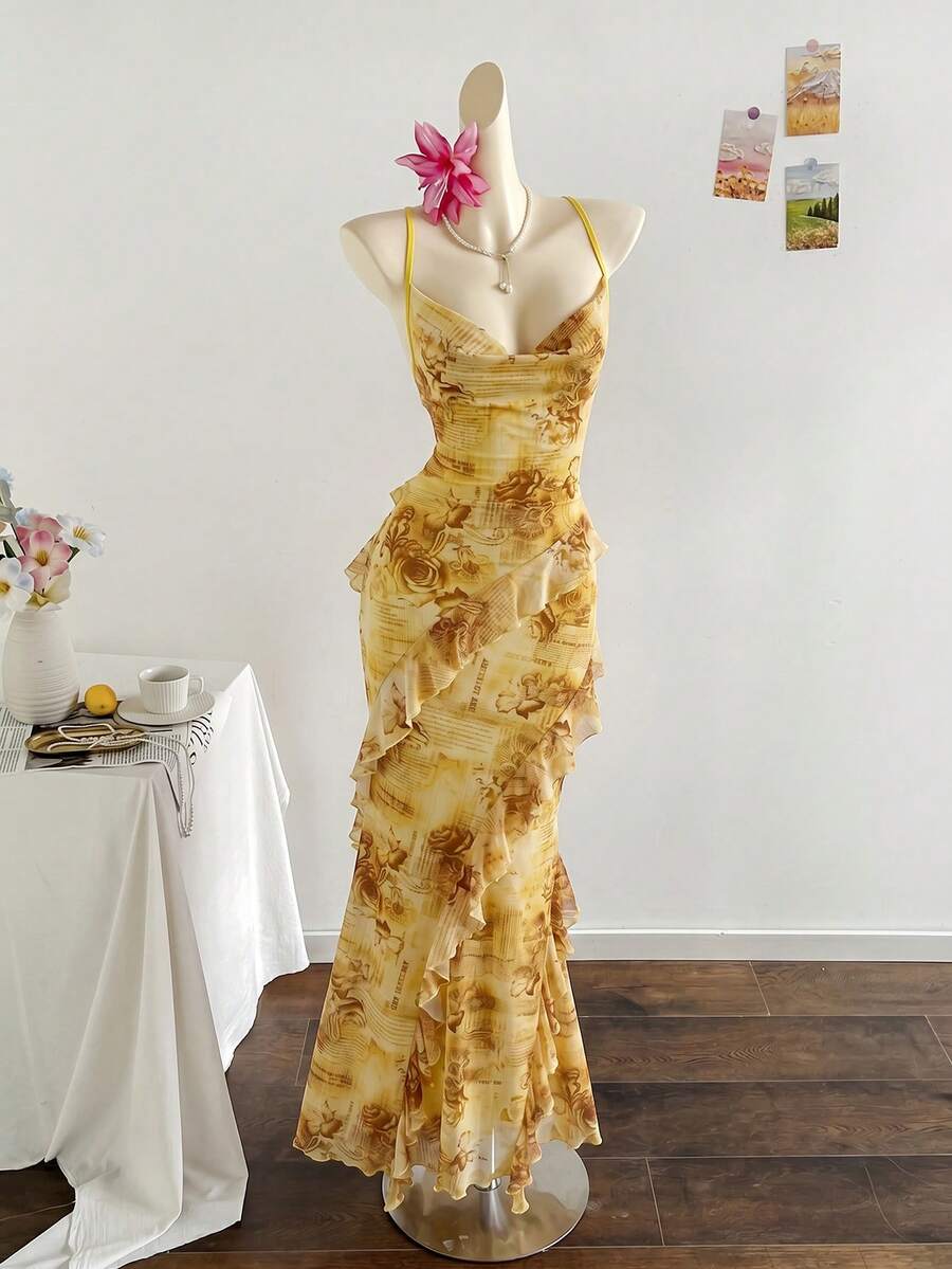 Soleia Đầm nữ in họa tiết hoa cổ điển nhiều màu sắc, cổ xếp ly, gấu đầm bồng bềnh, kiểu dáng đi nghỉ mát. - Màu vàng - Xem 1