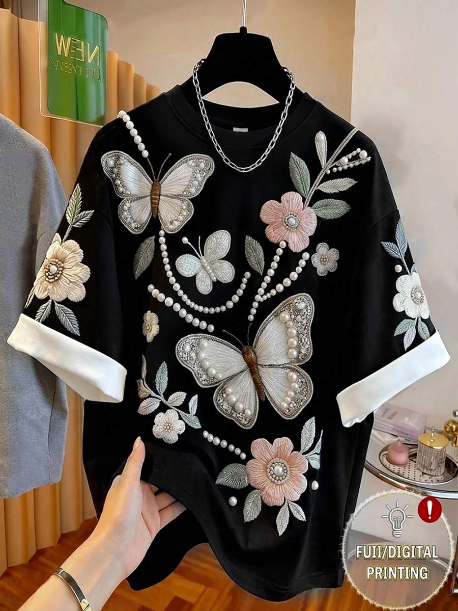GlowEve 女士T恤，仿刺绣，仿珠饰图案印花T恤，圆领蝙蝠袖宽松T恤，女士优雅T恤，适合日常穿着和约会 - 黑色 - 查看 1