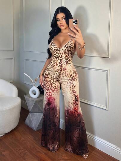 SHEIN SXY Bộ jumpsuit hai dây gợi cảm họa tiết da báo dành cho nữ cỡ lớn, dáng xòe.