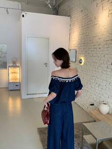 DAZY Conjunto de dos piezas de camisa casual lavada estilo coreano y jeans de corte holgado para vacaciones de mujer - Azul - Ver 9