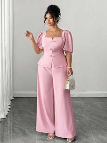 Elenzga Plus Size Women's Elegant Blush Pink Two Pieces Set,Chinese Style Bow Decor Puff Sleeve Top & Pants,Formal Summer Tea Party Outfit For Wedding Prom - Pink - View 6