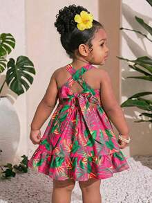 SHEIN Baby Girl Vacation Casual Cute Floral Pattern Ruffle Hem Dress - Red - View 1