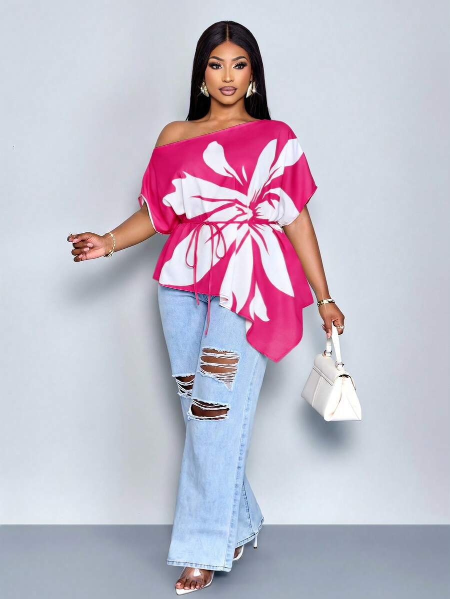 SOLERSUN Women's Plus Size Elegant Pink Floral Summer Blouse, Loose One-Shoulder Asymmetrical Hem Slanted Collar Drawstring Tie-Waist Casual Fashion Top - Hot Pink - View 1