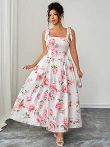 SHEIN Clasi Plus Size Women's Elegant French Rose Print Tie Strap Dress, Summer - White - View 6
