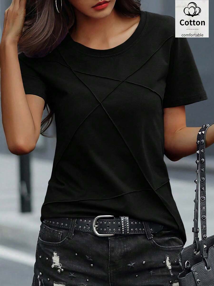 Balvessa Women's Asymmetrical Patchwork Design Fitted Round Neck Cotton T-Shirt, Elegant For Commuting And Outdoor Wear, Spring/Summer - Black - View 1