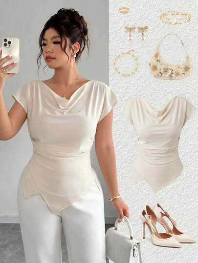 Elenzga Plus Size Women Elegant Draped Neck Asymmetrical Hem Ruched Waist Blouse, Spring/Summer