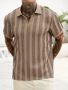 Manfinity CasualCool Áo polo nam cổ chữ V dệt kim sọc dọc, chất liệu jacquard, thích hợp mặc hàng ngày, quà tặng cho chồng/bạn trai. - Màu Khaki - Xem 6