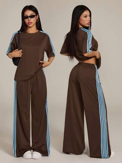 SHEIN PETITE Conjunto informal de 2 piezas para mujer con camiseta holgada de hombros caídos y rayas de contraste, y pantalones de pierna ancha, adecuado para primavera, verano y otoño
