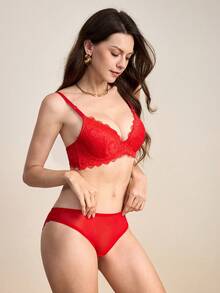Hourtrue 2 件女士蕾丝文胸和内裤套装（带钢圈、三角内裤） - 紅色 - 查看 6