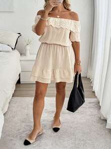 Weeklong Plus Size Casual Comfortable Off Shoulder Cutout Cotton Linen Dress - Khaki - View 8