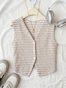 SHEIN Áo tank top không tay cổ chữ V cài cúc phía trước, họa tiết kẻ sọc dành cho bé gái tuổi teen, kiểu áo kẻ sọc, thích hợp mặc mùa xuân hè thu, đi làm, thanh lịch, thường ngày, mặc hàng ngày. - Màu Khaki - Xem 6