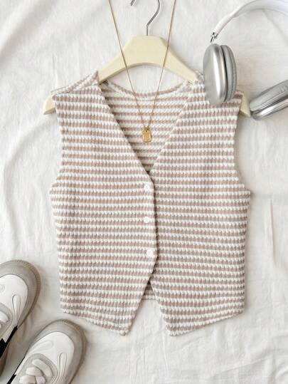 SHEIN Blusa sin mangas con cuello en V y botones con textura de rayas para niñas preadolescentes, blusa a rayas, para usar en primavera, verano y otoño, para ir al trabajo, elegante, casual, diario