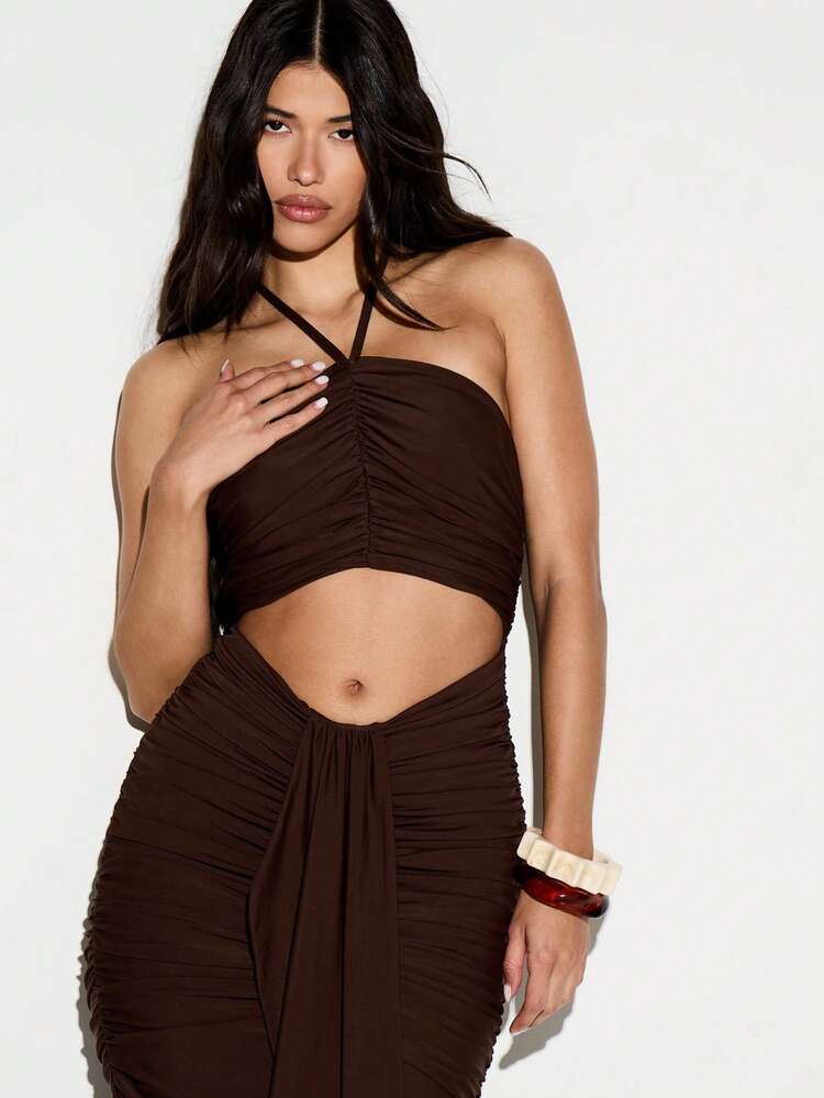 Halter Neck Ruched Maxi Dress