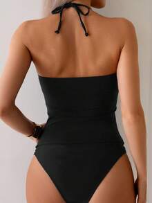 Swim Lushoire Women's Casual Versatile Ruched Fitted Camisole & Bikini Set - Black - View 2