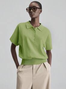 Ontre 女款鼠尾草綠針織 Polo 衫，100% 黏膠纖維透氣上衣，適合夏季商務休閒辦公穿著，V 領落肩短袖襯衫 - 綠色 - 查看 7