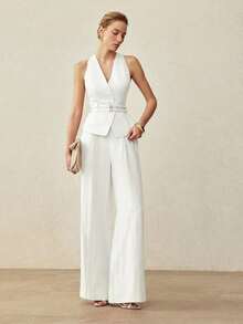 MOTF PREMIUM LINEN DOUBLE WAIST BELT HALTER BLAZER VEST, SPRING/SUMMER - White - View 4
