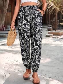 Breezaya Women's Tropical Plant Print Pocket Drawstring Waist Tapered Leg Pants, Spring/Summer - Black - View 6
