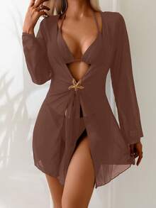Swim Basics 女士纯色七分袖防晒海滩度假和服罩衫 - 咖啡棕 - 查看 1