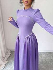 Modelyn 优雅酒红色长款串珠连衣裙，适合女士冬季外出穿着 - 紫色 - 查看 2