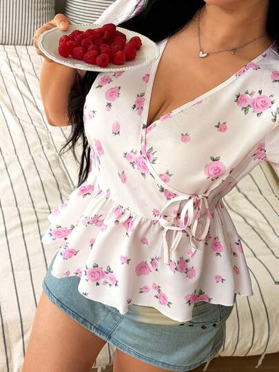 Sunnyshic Camisa de manga corta con estampado floral rosa, primavera/verano