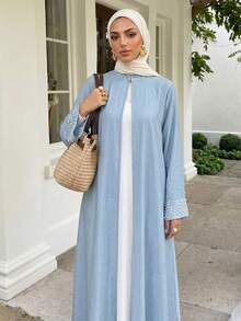 Solavon Women's Elegant Solid Color Beaded Decor Stand Collar Arabic Abaya, Modest Robe - Blue - View 7