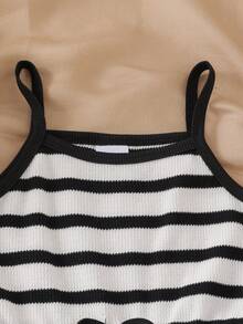 SHEIN Elladie kids 女童夏季新款極簡運動風白色條紋抽繩拼接色無袖連身褲，蝴蝶結腰飾休閒運動連身短褲 - 黑與白 - 查看 11