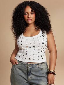 SHEIN BAE Plus Size Women's White Summer Night Rave Ribbed Tank Top,Sleeveless Square Neck Camisole With Silver Stud Rivet Details,Fashionable Chic Streetwear - White - View 9