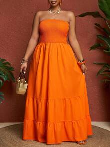 SHEIN CURVE+ Đầm mùa hè Slayr Vacation Casual màu xanh lá cây trơn, không dây vai, cỡ lớn dành cho nữ. - trái cam - Xem 6