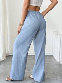 SHEIN Tall 女款長褲，紋理布料，腰部繫帶，適合高個女性 - 藍色 - 查看 2