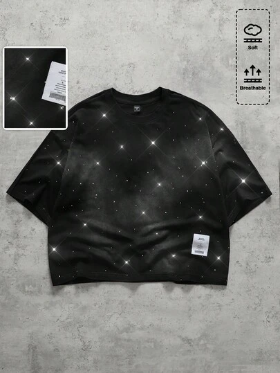 ROMWE MEN Men's Rhinestone Embellished Crew Neck Washed Vintage Short Sleeve T-Shirt