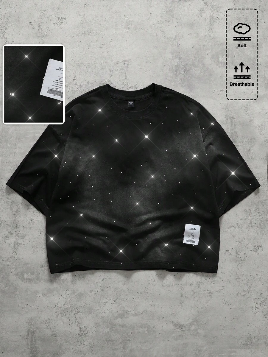 ROMWE MEN Men's Rhinestone Embellished Crew Neck Washed Vintage Short Sleeve T-Shirt - Grey - View 1