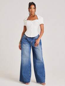 NYA SZN Top Short Sleeve Button Up Front Collared Vintage Retro Look Brunch Casual Everyday Bridal Shower Outfits For Women - White - View 3