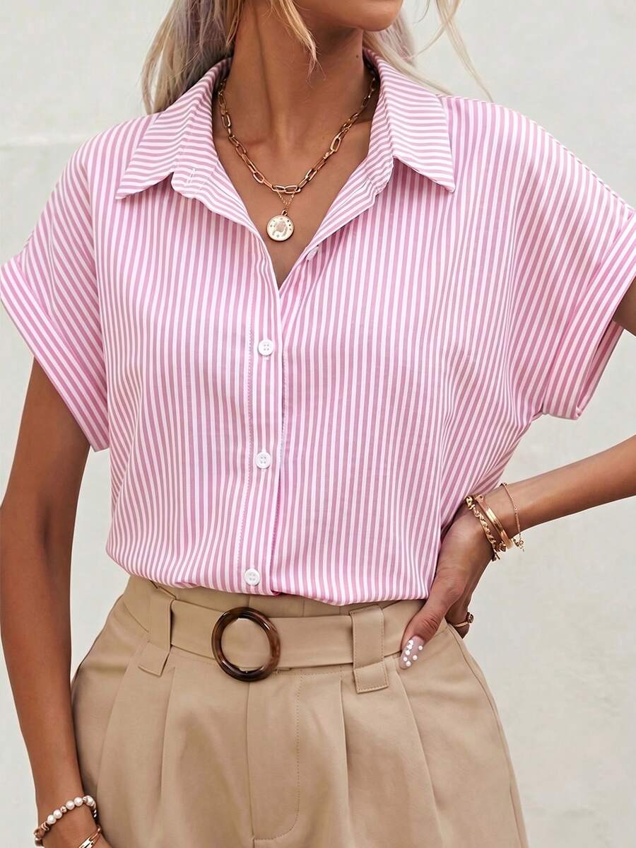 SHEIN Frenchy Áo sơ mi nữ tay cánh dơi kẻ sọc cài cúc phía trước, kiểu dáng thường ngày, thích hợp cho mùa hè. - Hồng - Xem 1