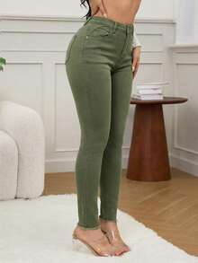 SHEIN SXY Damen Einfarbige Minimalistische Alltags Jeans - Grün - Übersicht 3