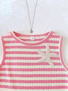SHEIN Tween Girl Casual Comfortable Round Neck Sleeveless Starfish Decor Striped Tank Top And Shorts 2-Piece Set - Pink - View 4