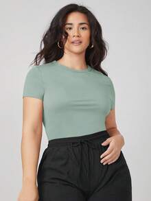 SHEIN BASICS 大码女式纯色圆领短袖休闲百搭T恤 - 薄荷綠 - 查看 1
