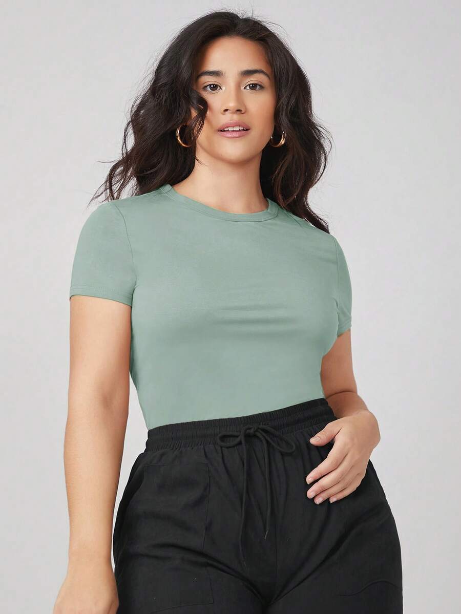 SHEIN BASICS 大码女式纯色圆领短袖休闲百搭T恤 - 薄荷綠 - 查看 1