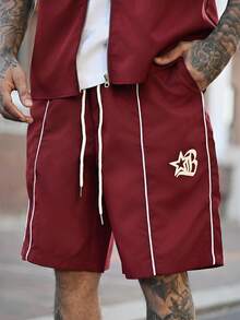Devon Thys 2pcs Men's Star Print Zip Front Short Sleeve Shirt And Shorts Set With Contrast Trim Men's Co Ord Set Men's Red Short Set Men's Short Set Men's 2 Pieces Short Set Red Red Casual Men Set - Burgundy - View 6
