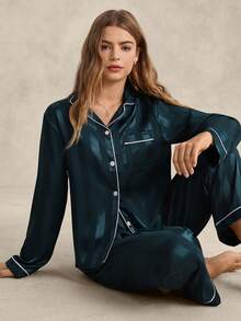 EverLounge Contrast Piping Satin Pajama Set, Fall Winter Clothes - Teal Blue - View 5