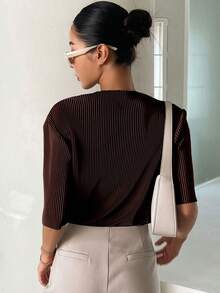 DAZY Ladies' Solid Color Pleated Short Sleeve T-Shirt Sheer School - Coffee Brown - View 2