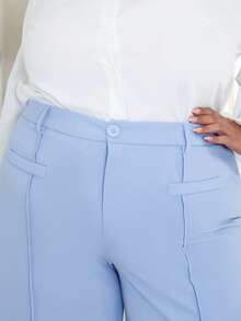Pretty and Ole Plus Size Solid Color Front Button Pocket Casual Long Pants, Everyday Wear - Baby Blue - View 3